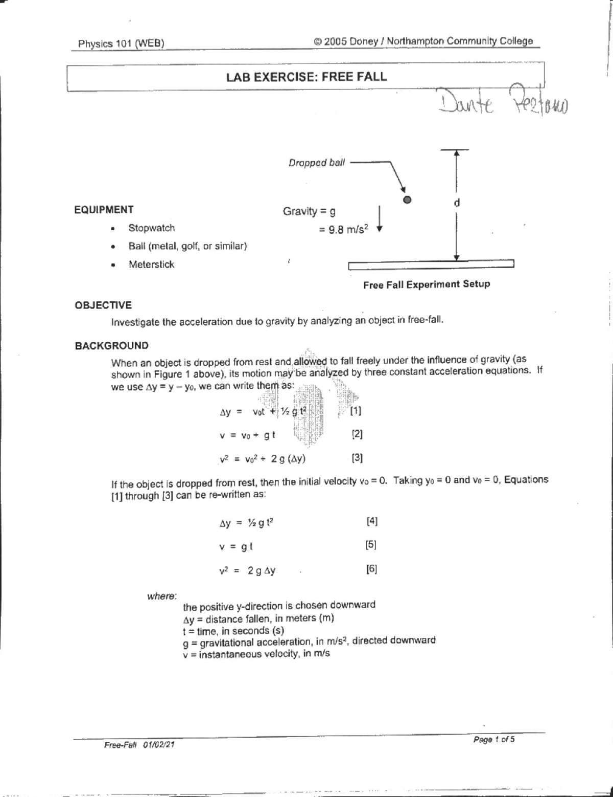 Physics 101 (WEB) Lab Exercise: Free Fall Experiment Analysis - Studocu