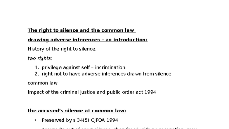Lecture 4 - The Right to Silence & Common Law Adverse Inferences - Studocu