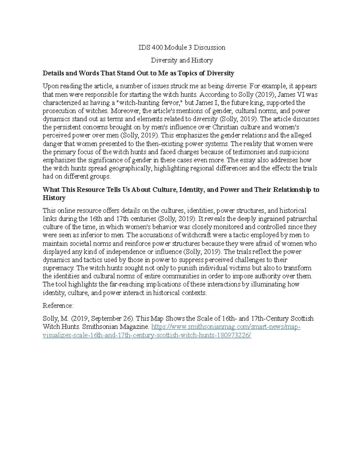 IDS 400 Module 3 Discussion: Analyzing Diversity in Witch Hunts - Studocu
