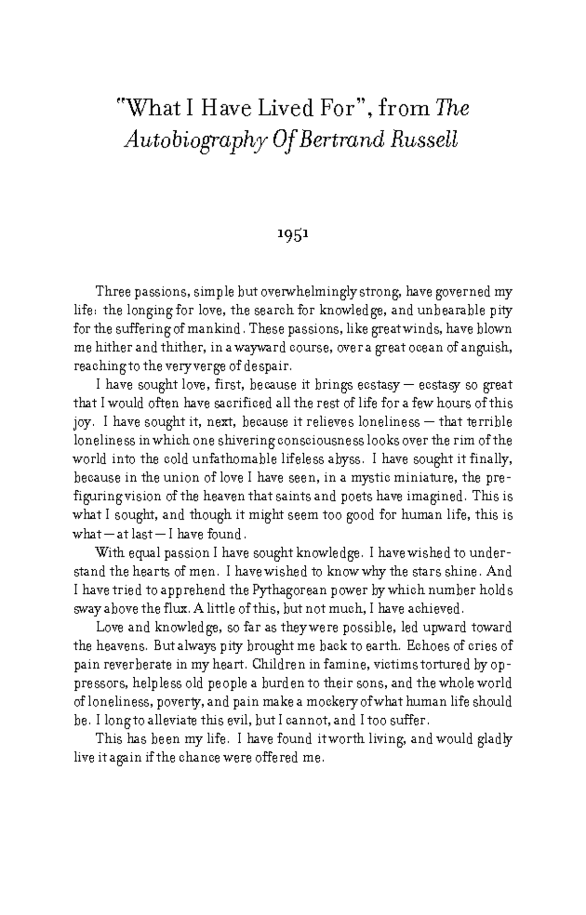 Essay Notes: "What I Have Lived For" by Bertrand Russell - Studocu