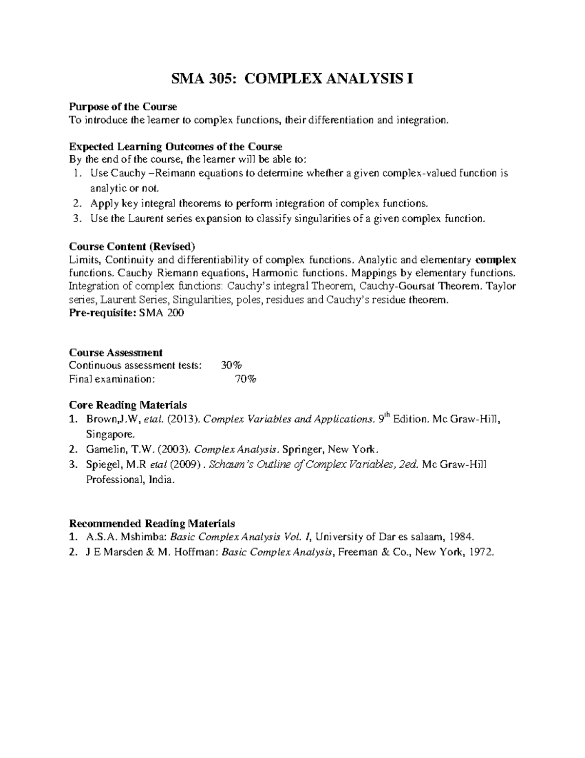 SMA 305: Complex Analysis I - Course Overview and Key Concepts - Studocu