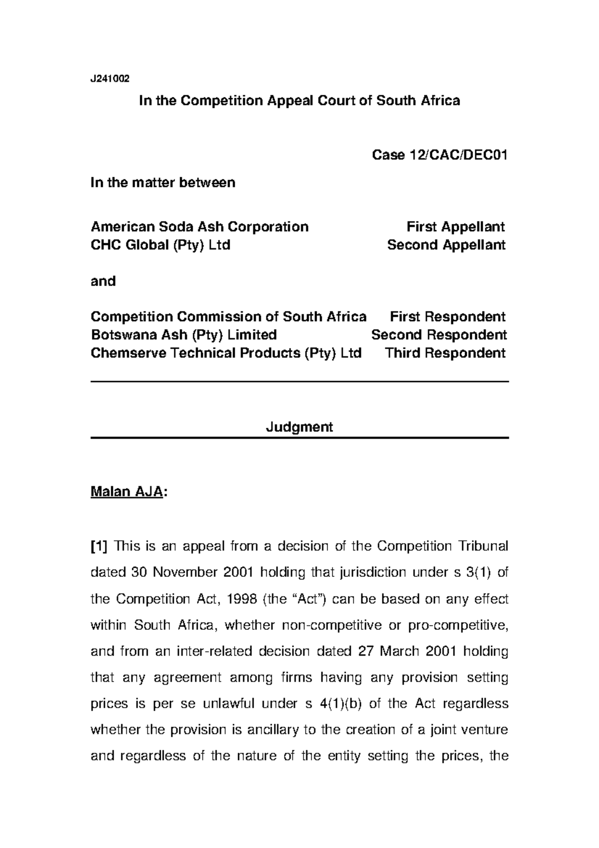 J241002 Competition Appeal Court Judgment: Ansac Case Analysis - Studocu