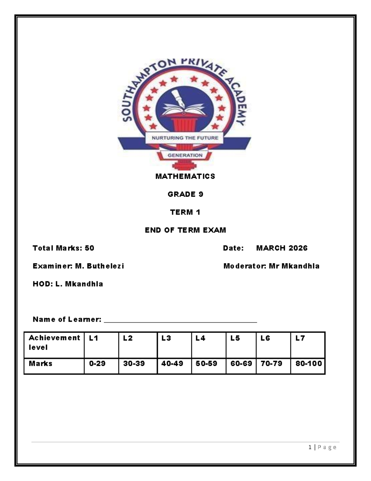 MATHEMATICS GRADE 8 TERM 1 END OF TERM EXAM - MARCH 2026 - Studocu