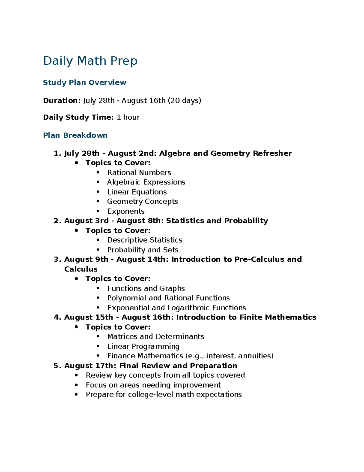 Daily Math Prep Study Plan (July 28 - Aug 17) for College Readiness ...