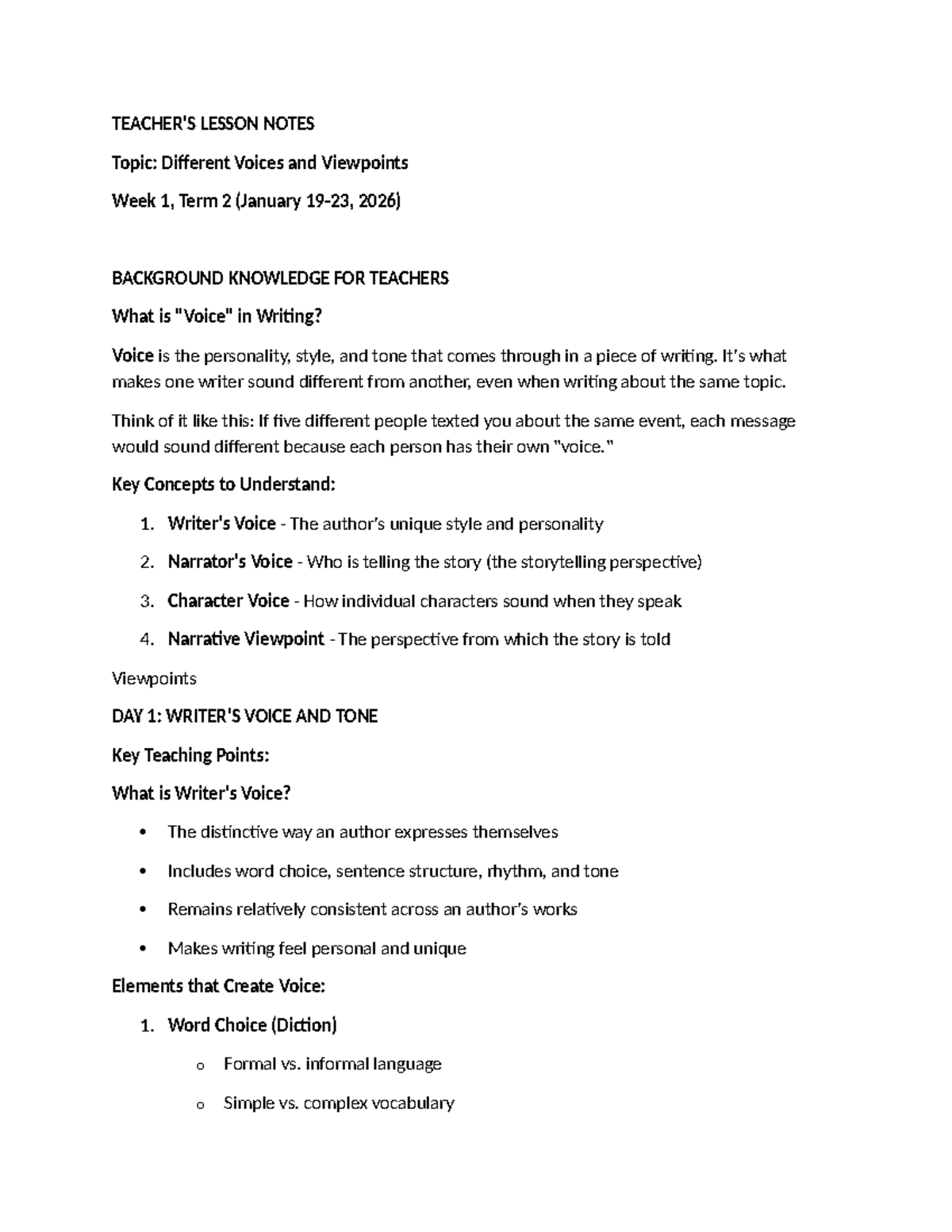 LESSON NOTES: Different Voices & Viewpoints - Week 1, Term 2 - Studocu