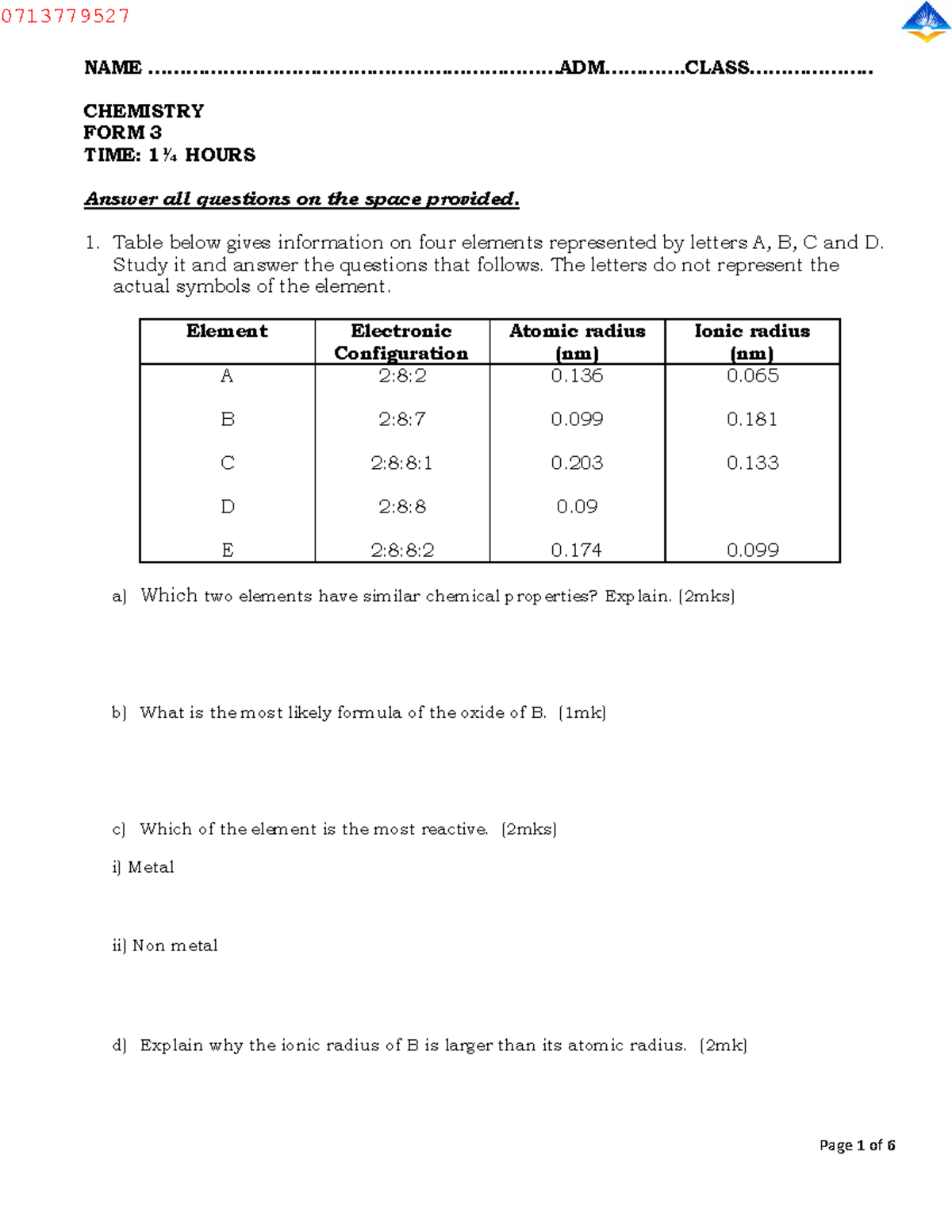 CHE 0713779527 Chemistry Form 3 Questions and Answers - Studocu