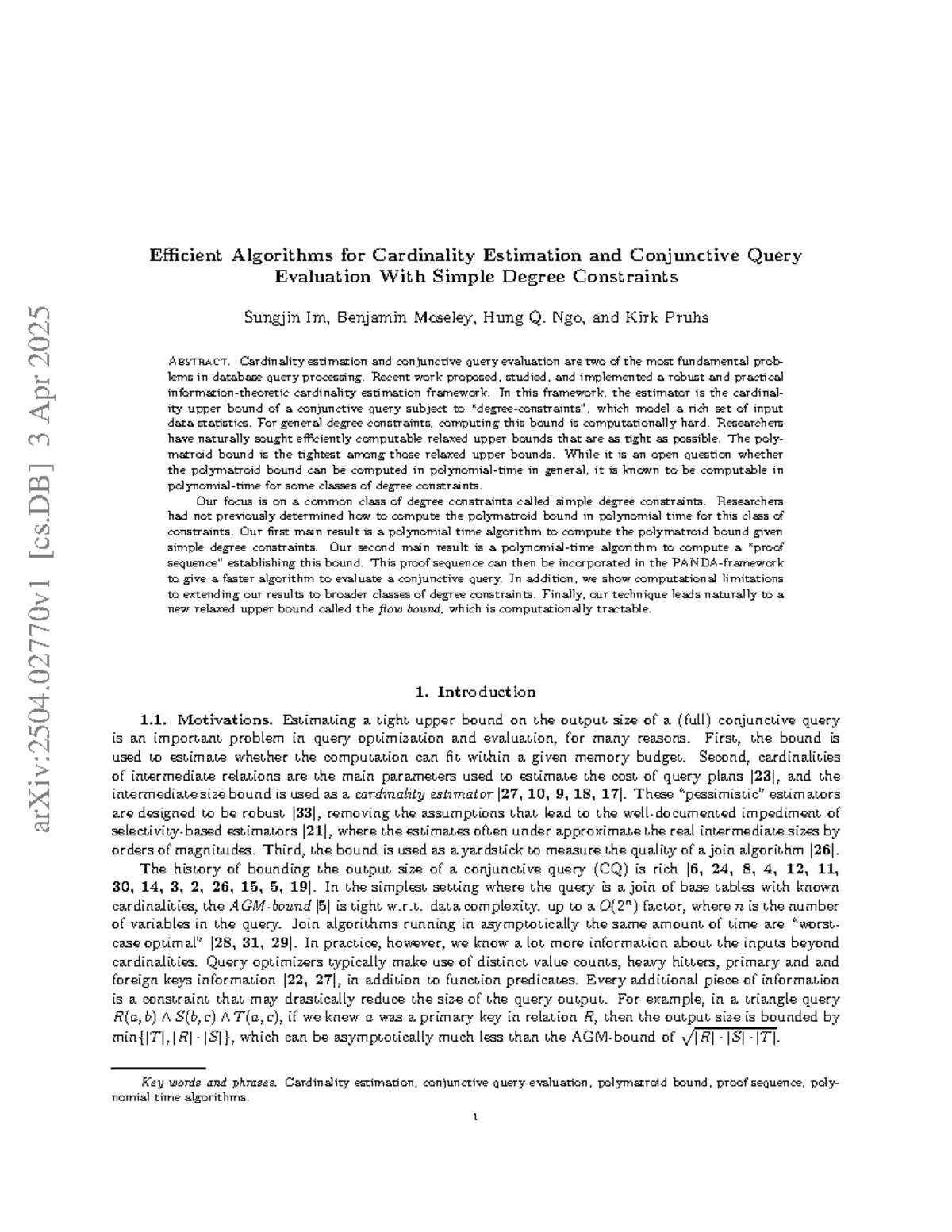 Efficient Algorithms for Cardinality Estimation and Query Evaluation ...