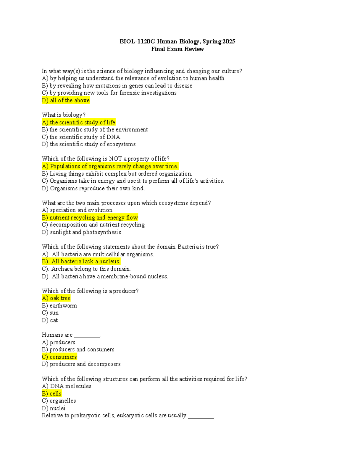 BIOL-1120G Human Biology Final Exam Comprehensive Review Guide, Spring ...