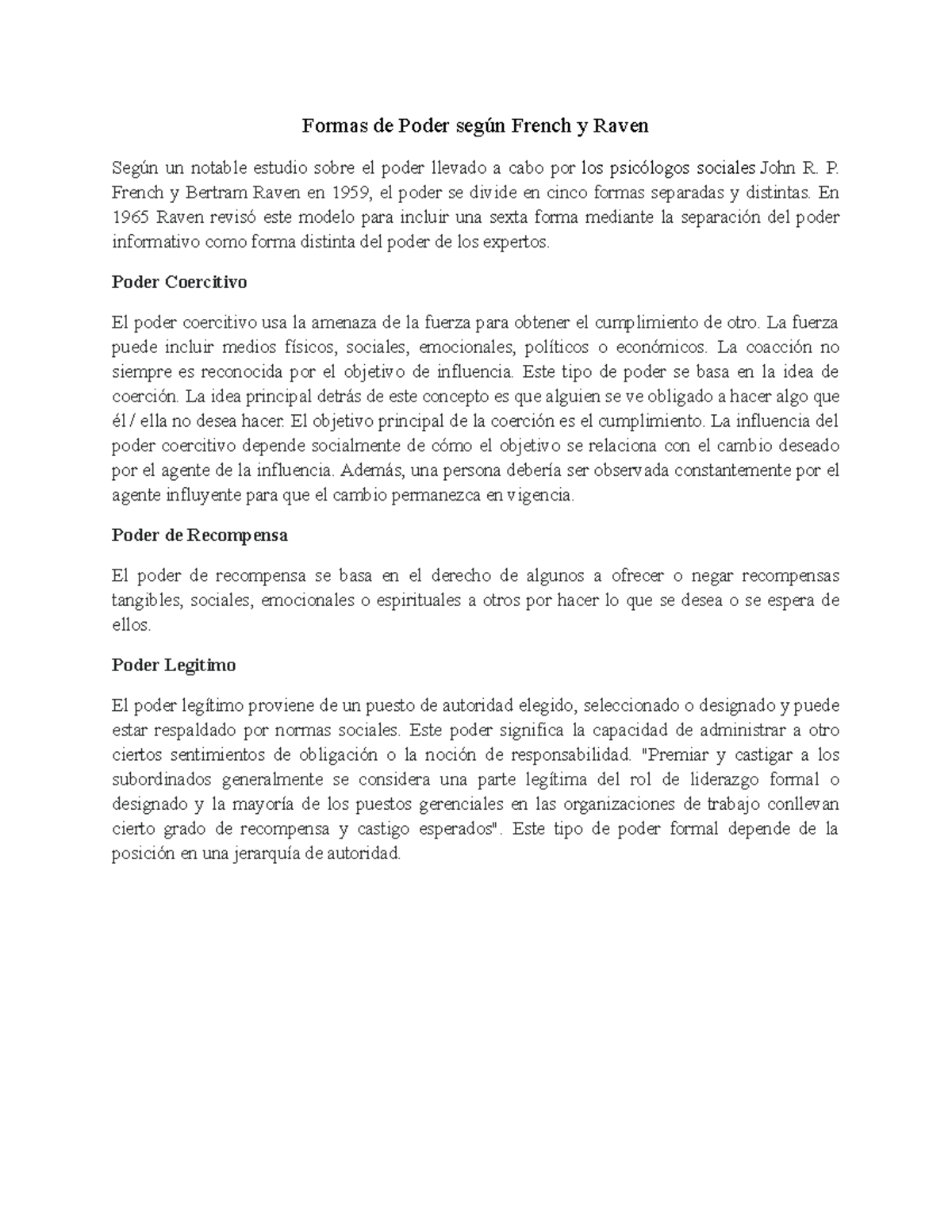 Análisis de las Formas de Poder: French y Raven en Perspectiva - Studocu