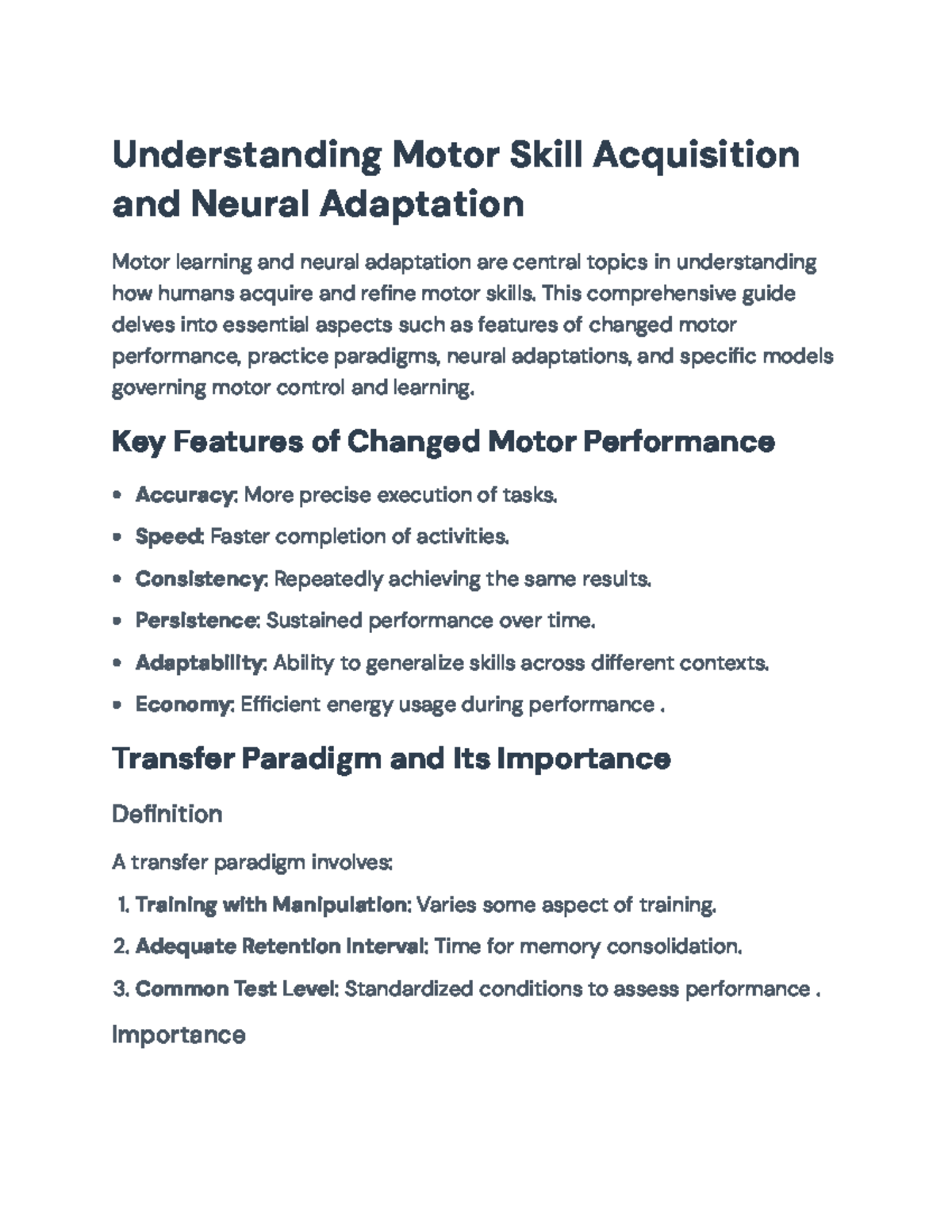 Motor Skill Acquisition and Neural Adaptation: Key Insights and Models ...