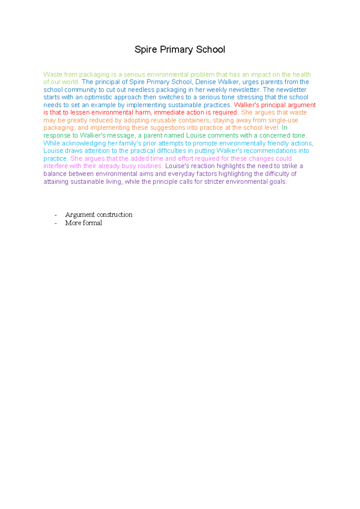 Spire Primary School - Environmental Practice Essay Analysis - Studocu