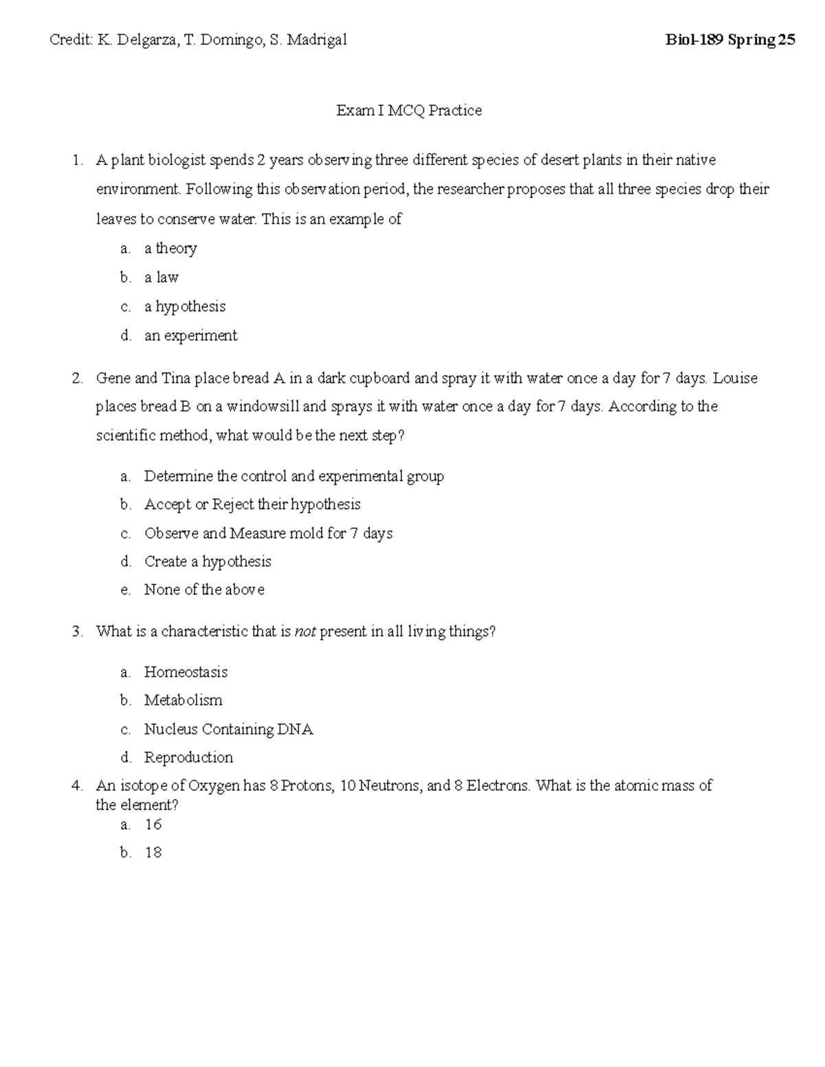 Biol-189 Spring 25 Exam I MCQ Practice Questions - Studocu