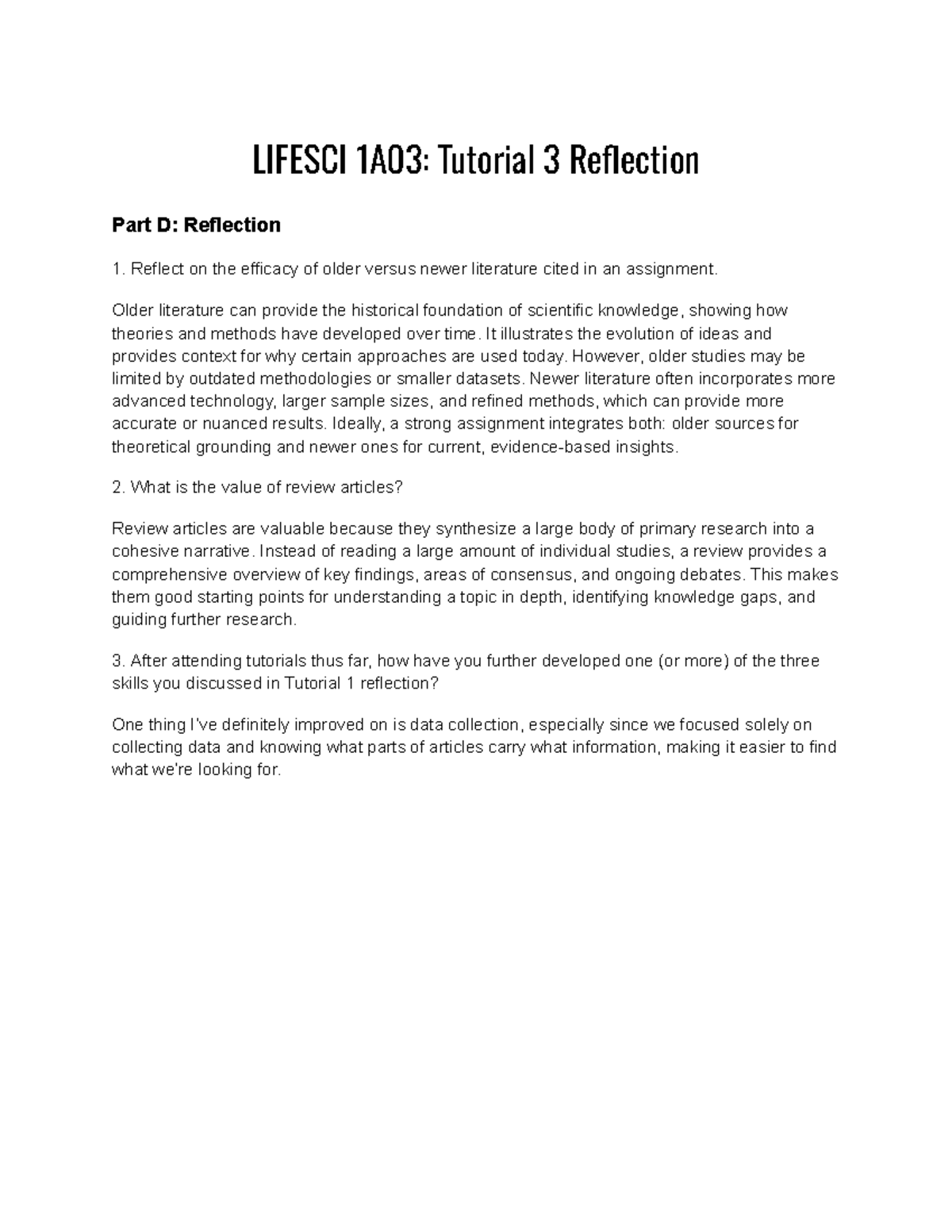 LIFESCI 1A03: Tutorial 3 Reflection on Literature Efficacy - Studocu
