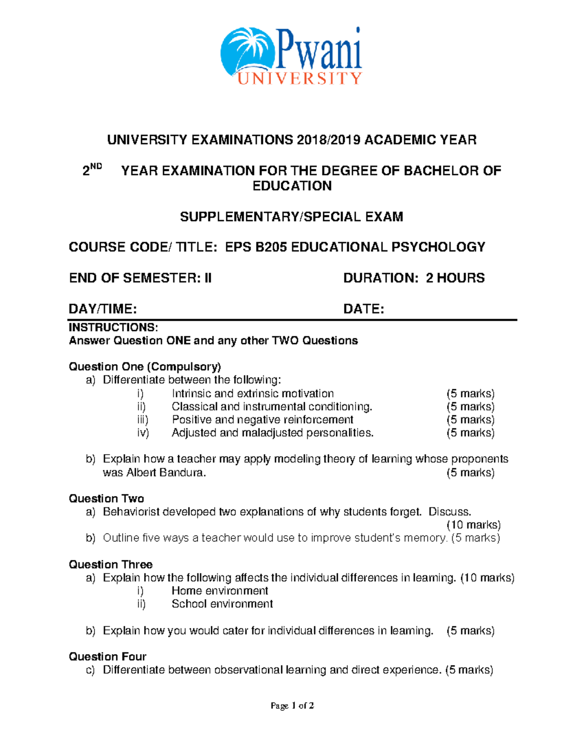 EPS B205 Educational Psychology: Supplementary Exam Questions ...