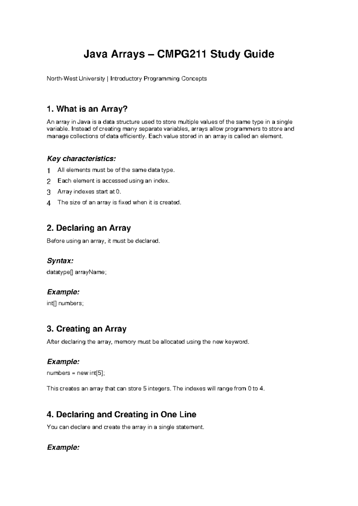 Java Arrays CMPG211 Study Guide: Key Concepts and Exam Tips - Studocu