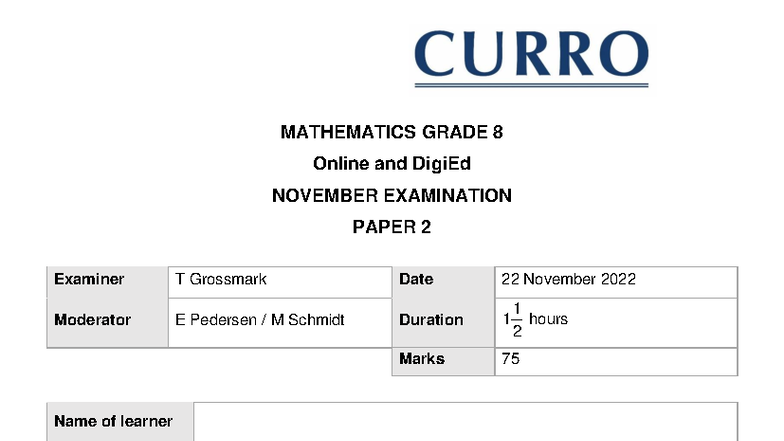 MATHEMATICS GRADE 8 NOVEMBER EXAMINATION PAPER 2 - 2022 - Studocu