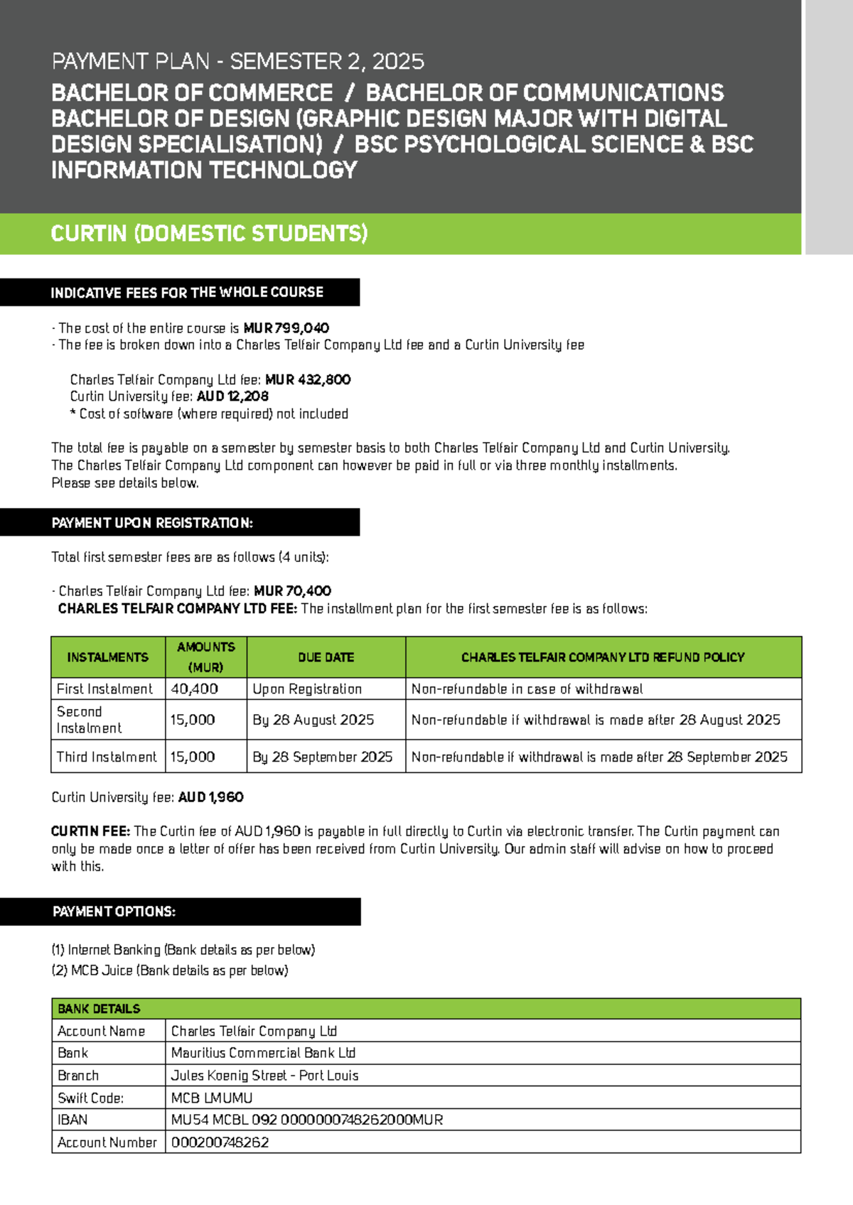 Payment Plan for Semester 2, 2025: Fees for Various Bachelor Programs ...