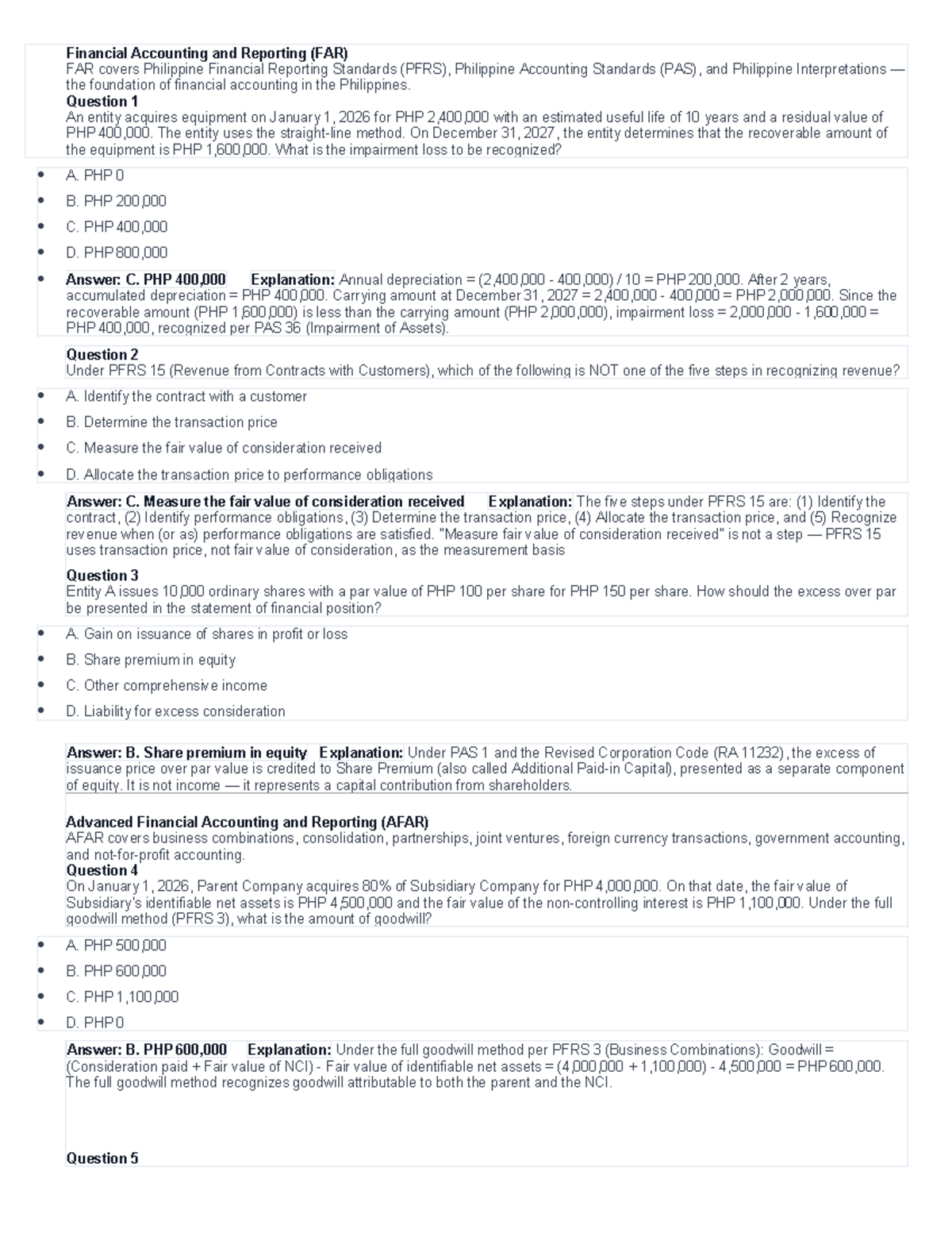 Cpale MOCK EXAM - Financial Accounting and Reporting (FAR) Practice ...