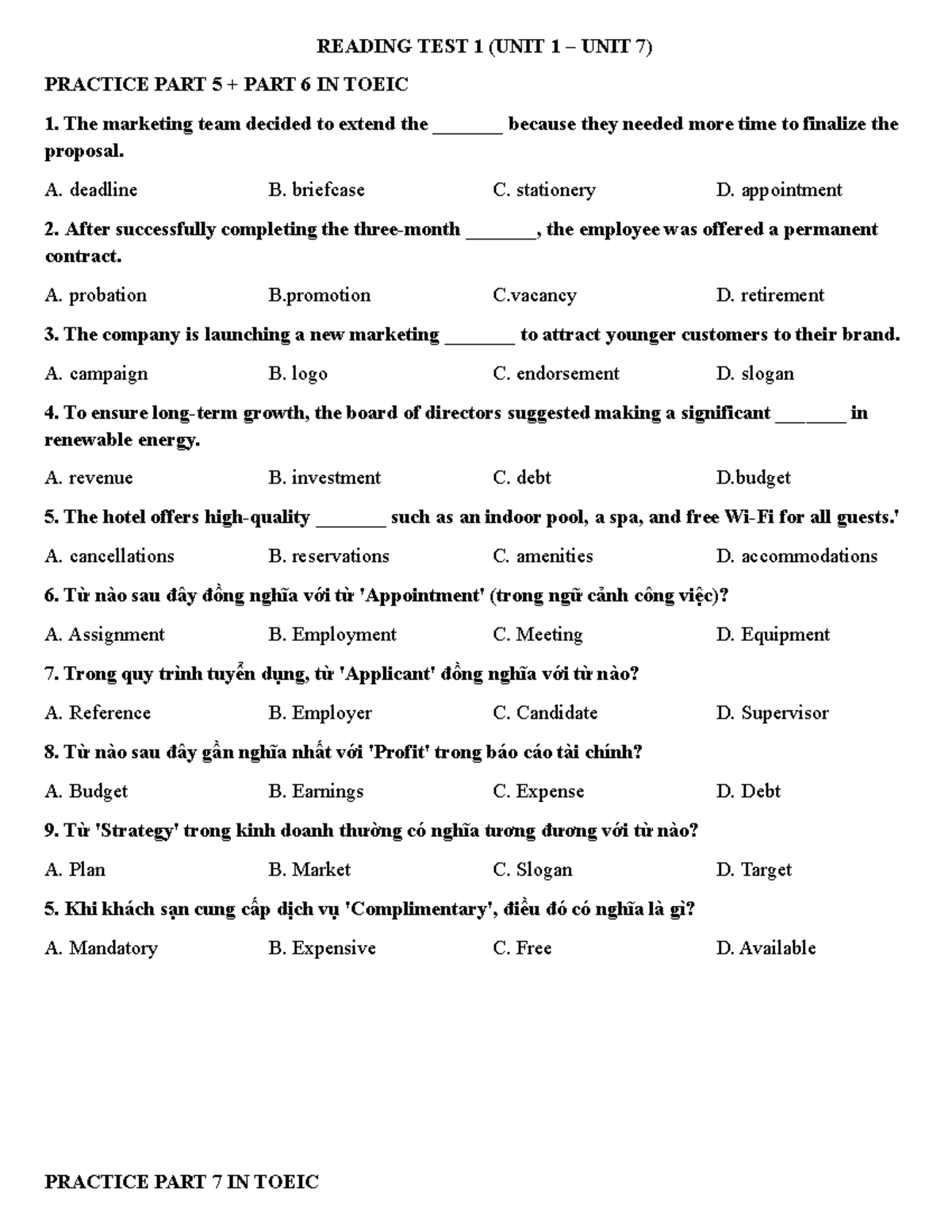 Reading Test 1 (Units 1-7) Practice for TOEIC Exam - Studocu
