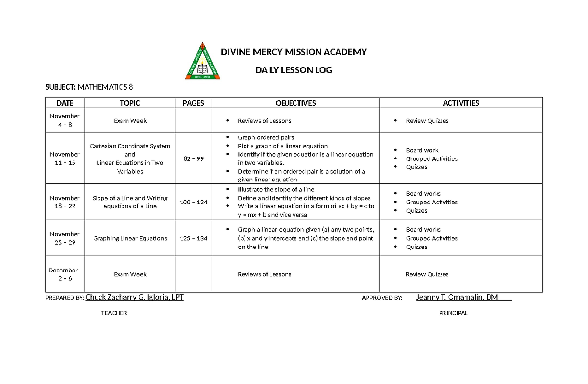 Grade 8 Math - Daily Lesson Log (DLL) & Activities Plan - Studocu