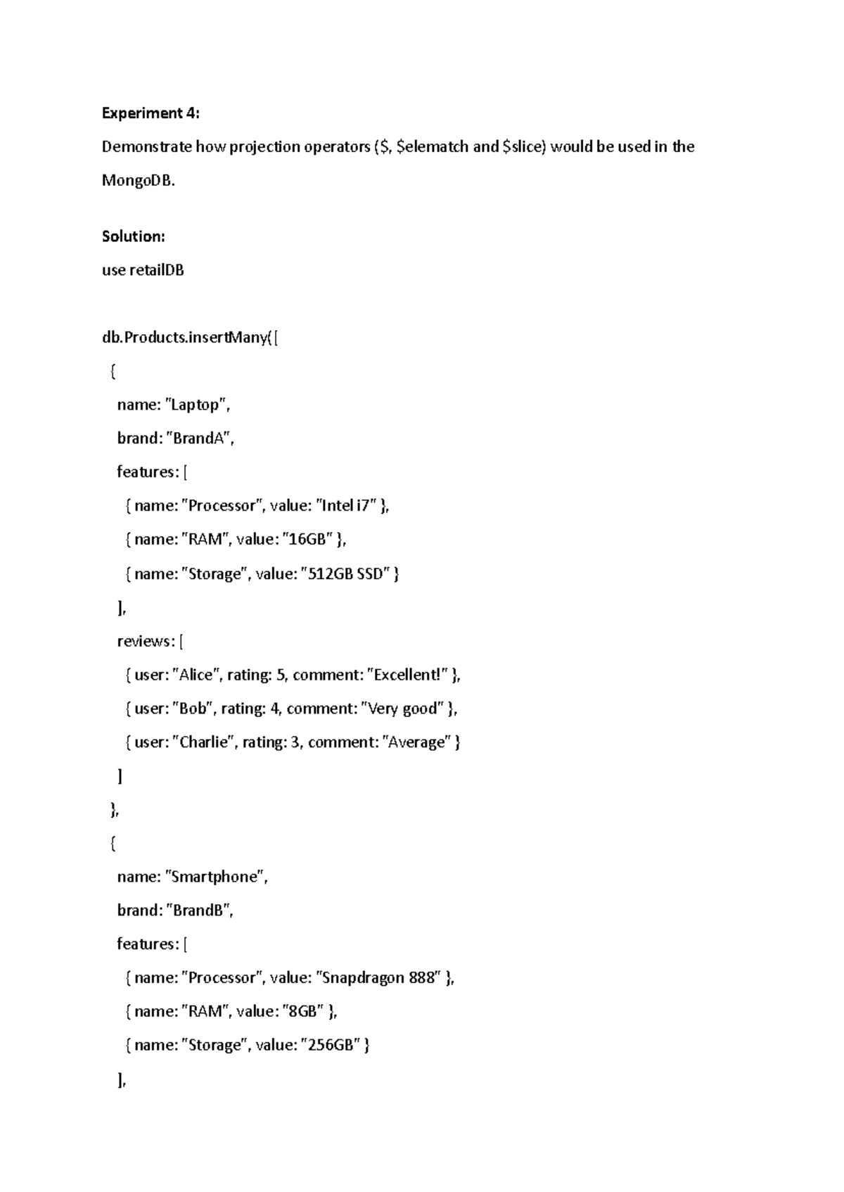MongoDB Experiments 4 & 5: Projection & Aggregation Operators - Studocu