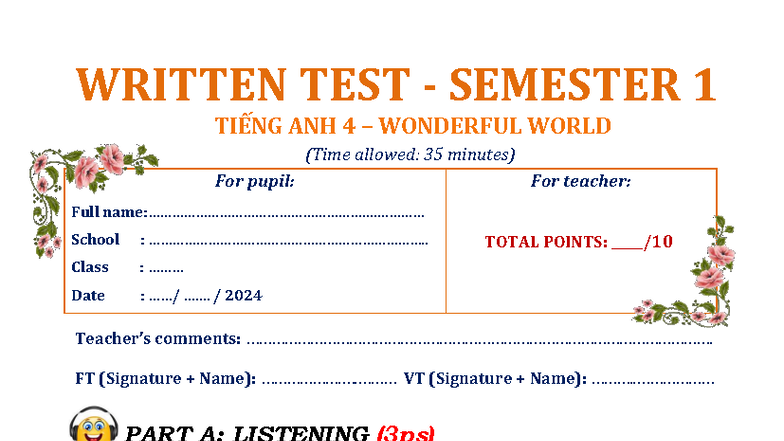 WRITTEN TEST SEMESTER 1 TIẾNG ANH 4 WONDERFUL WORLD - Studocu