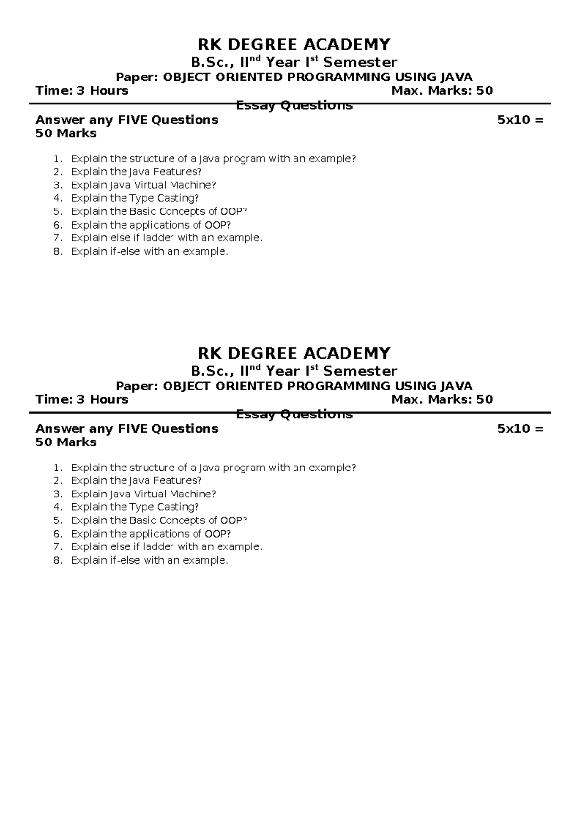 B.Sc. II Year I Sem Midterm Exam: Object Oriented Programming in Java ...