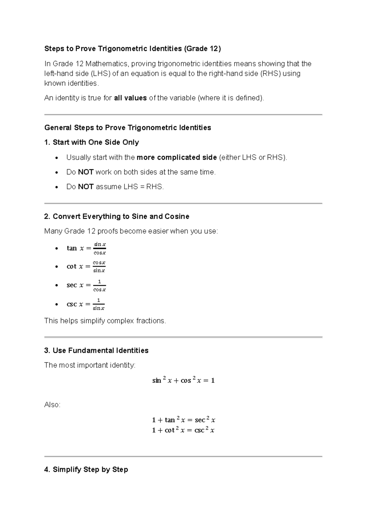 Grade 12 Math: Steps to Prove Trigonometric Identities - Studocu