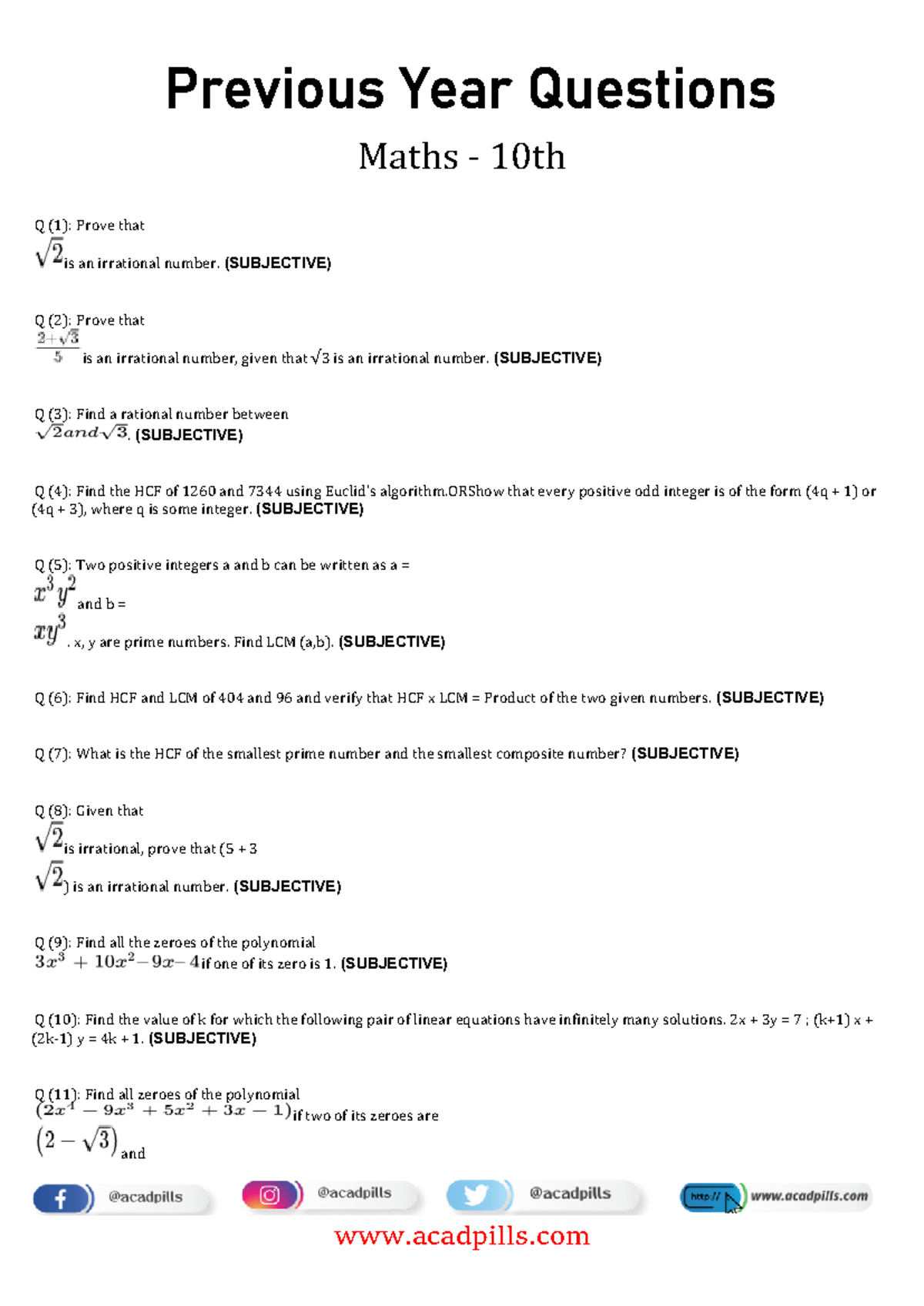 Maths 10th PYQ - Comprehensive Practice Sets on Important Topics - Studocu