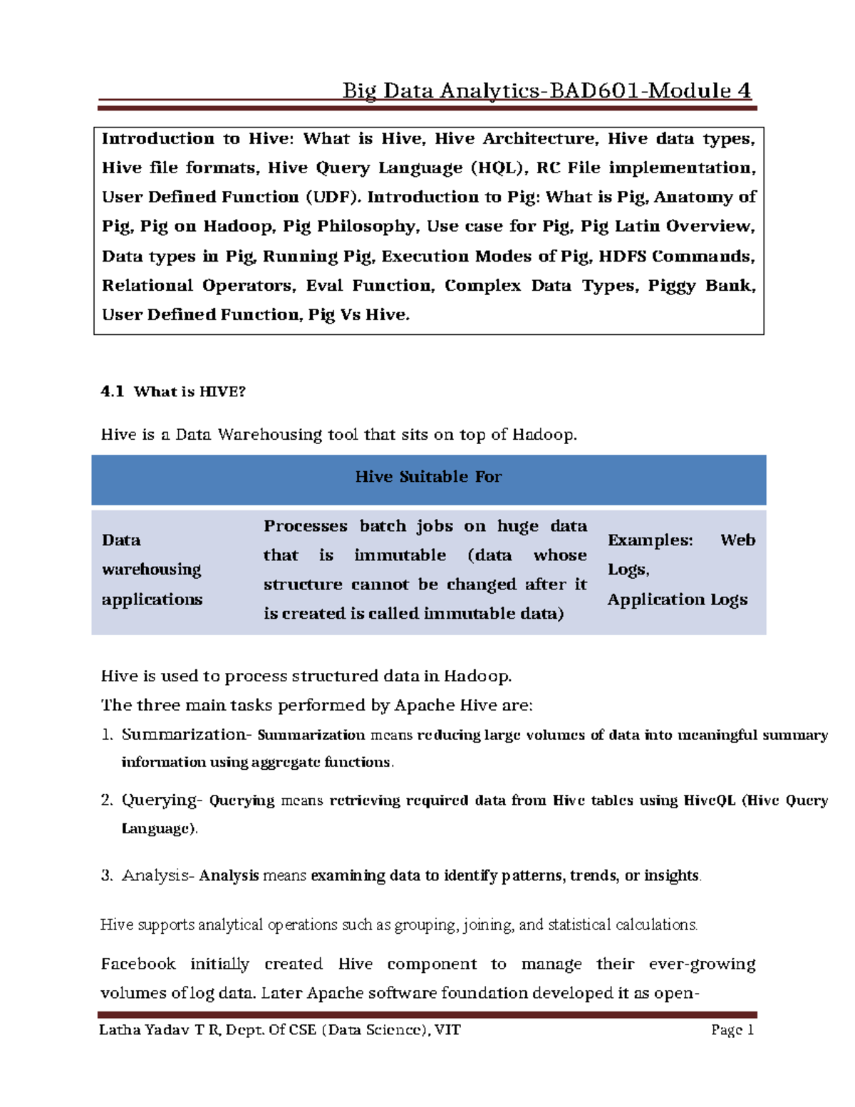 BAD601 Module 4: Introduction to Hive and Pig - Concepts & Architecture ...