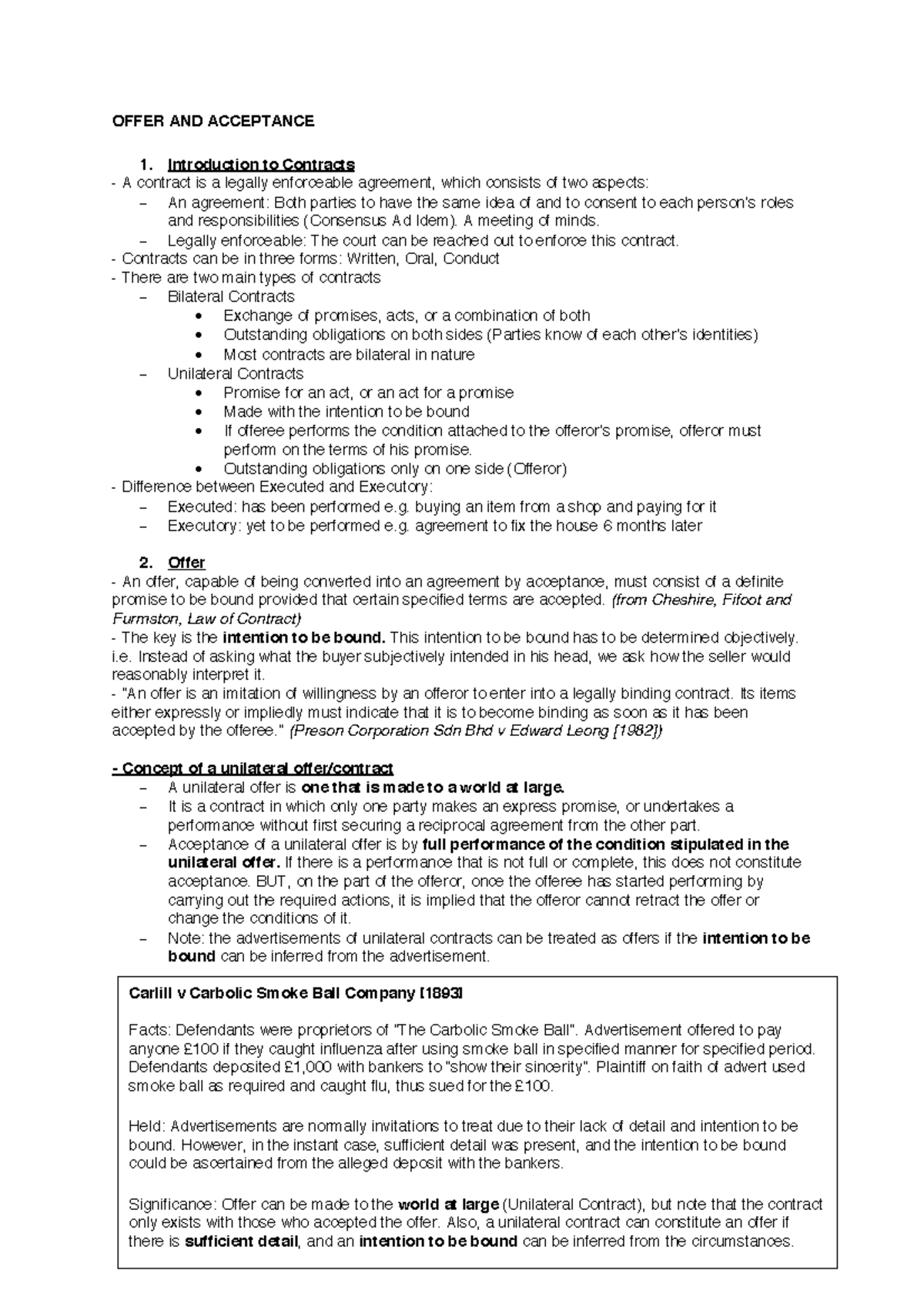 BLAW 101: Offer and Acceptance - Comprehensive Study Notes - Studocu