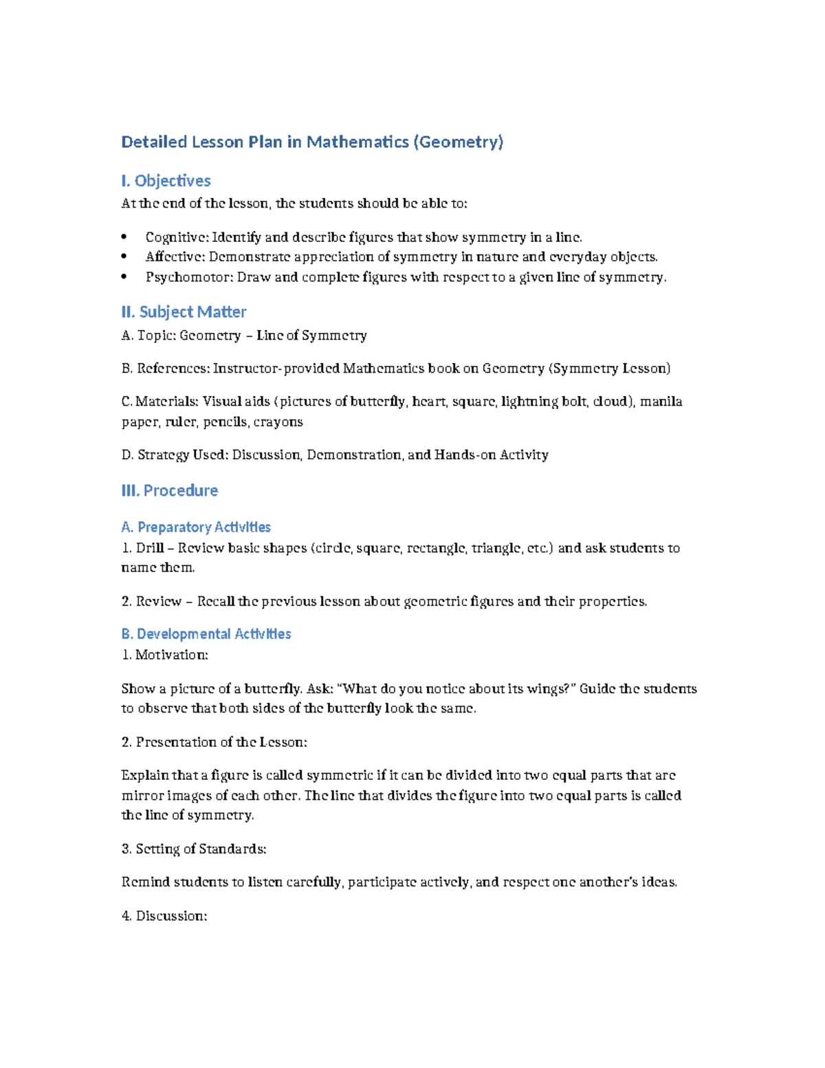 Detailed Lesson Plan: Geometry Line of Symmetry (Math I) - Studocu