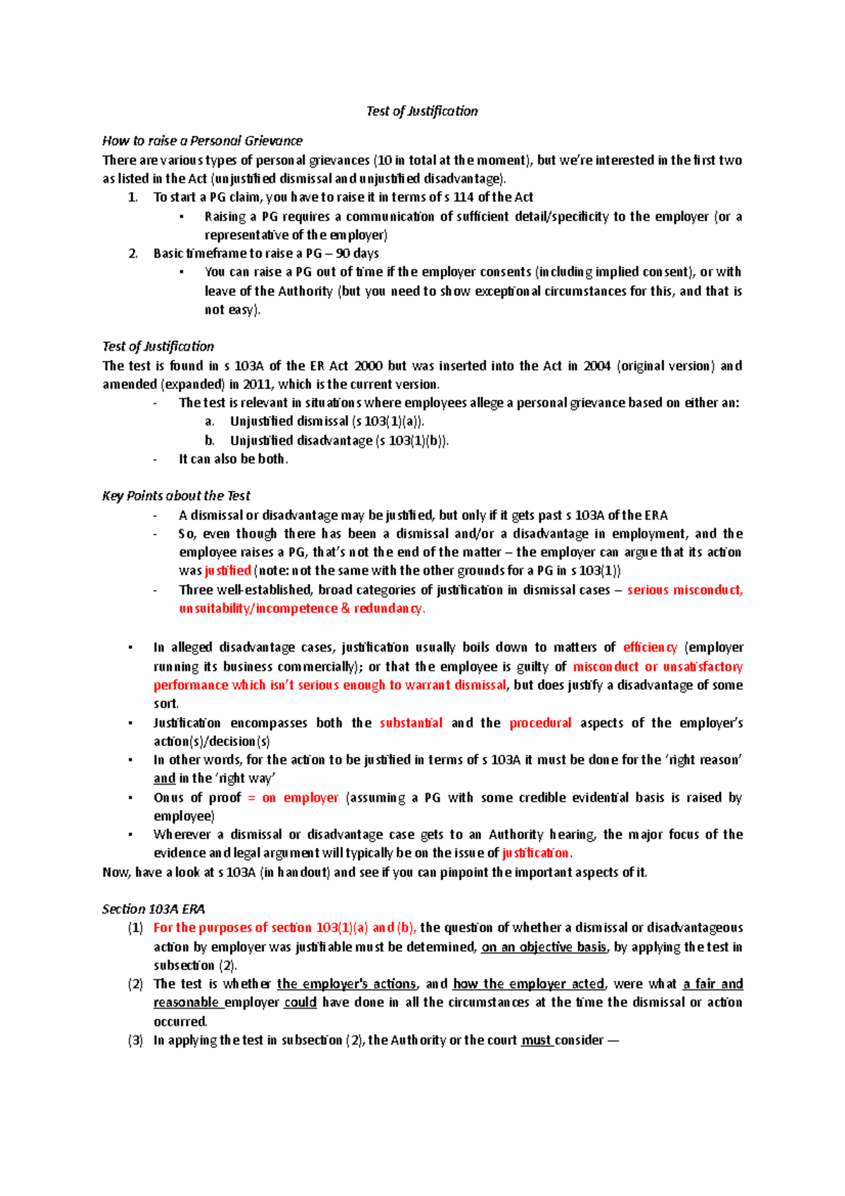 Test of Justification Under s 103A of the Employment Relations Act ...
