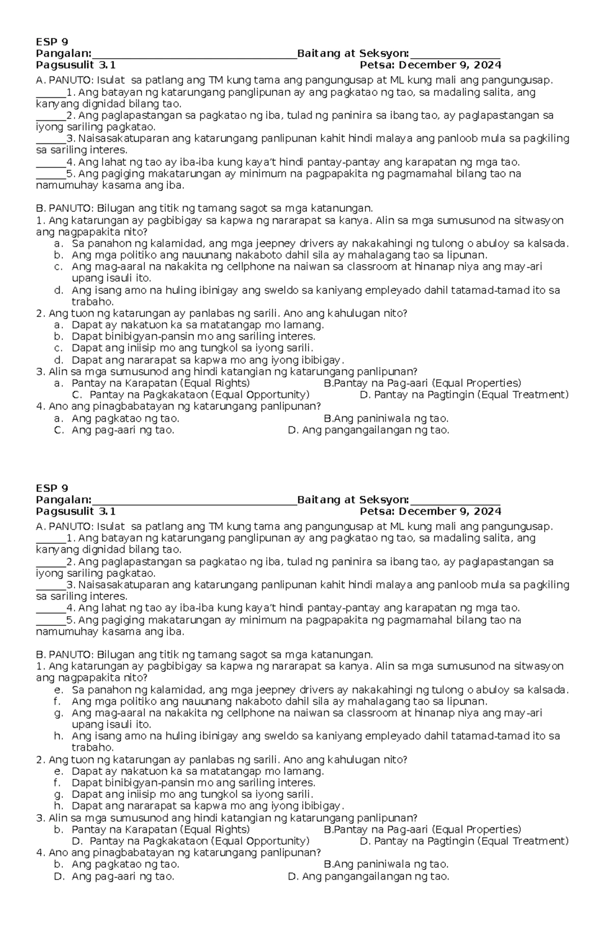 ESP 9 Summative Test No. 2 - Assessment Questions and Answers - Studocu