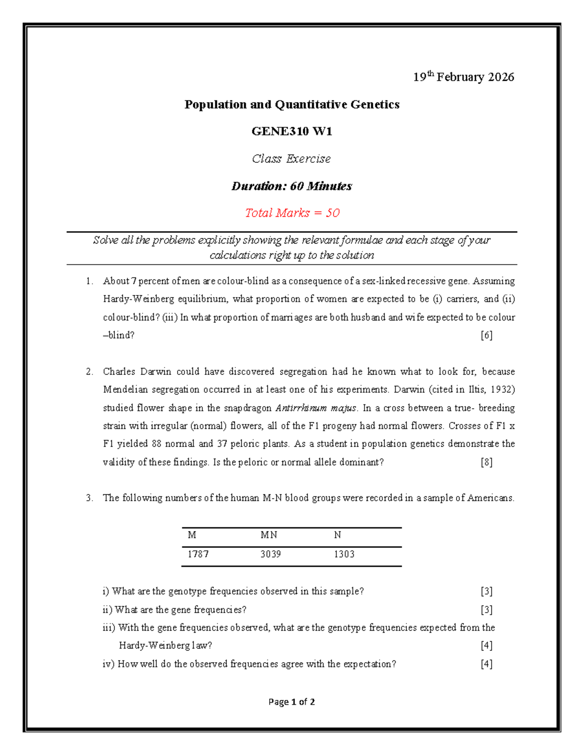 GENE310 W1 Class Exercise: Population & Quantitative Genetics Analysis ...