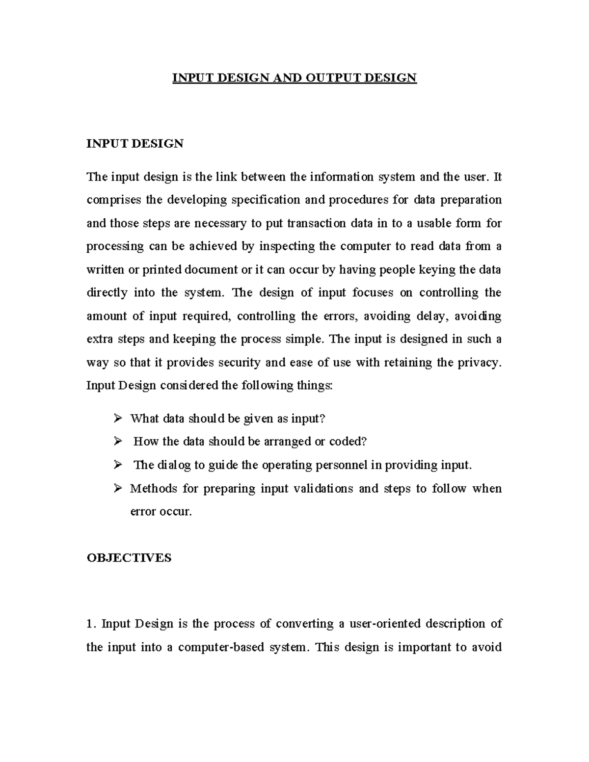Input and Output Design: Key Concepts and Objectives - Studocu