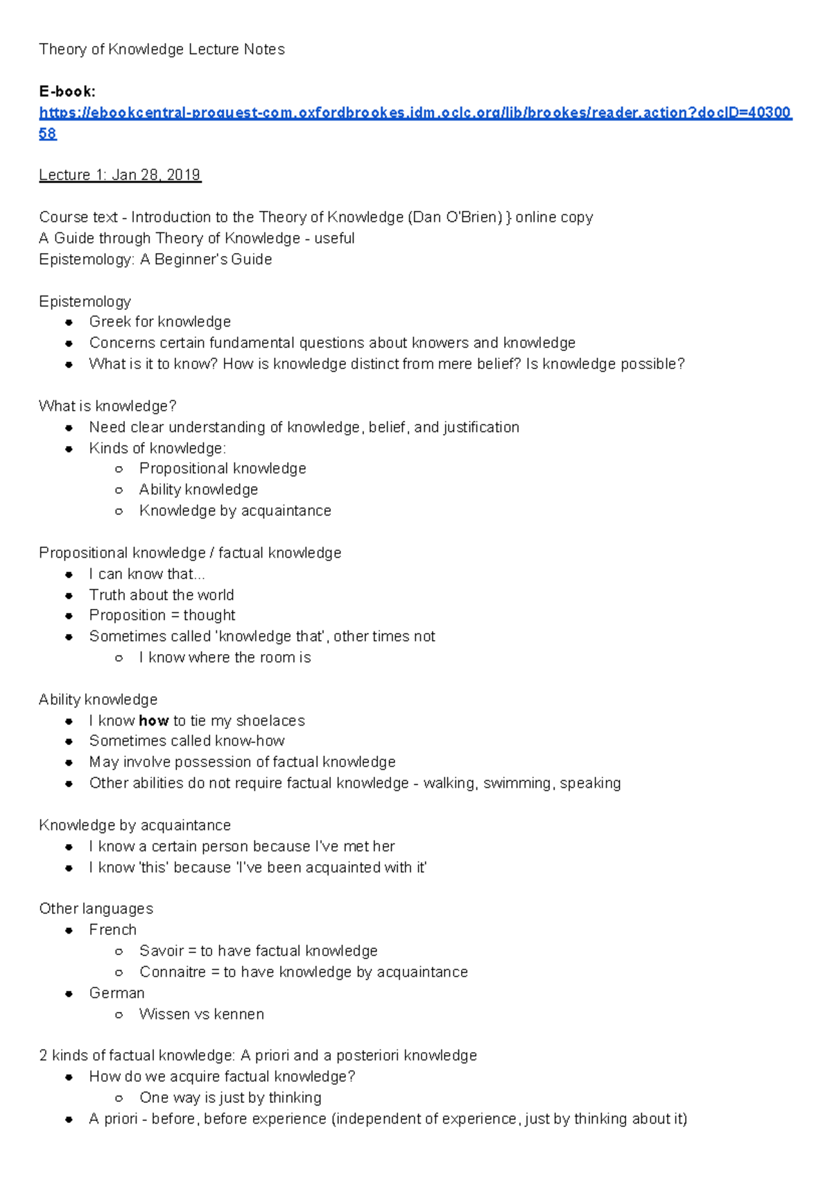 TOK 101 Lecture Notes: Epistemology and Knowledge Analysis - Studocu