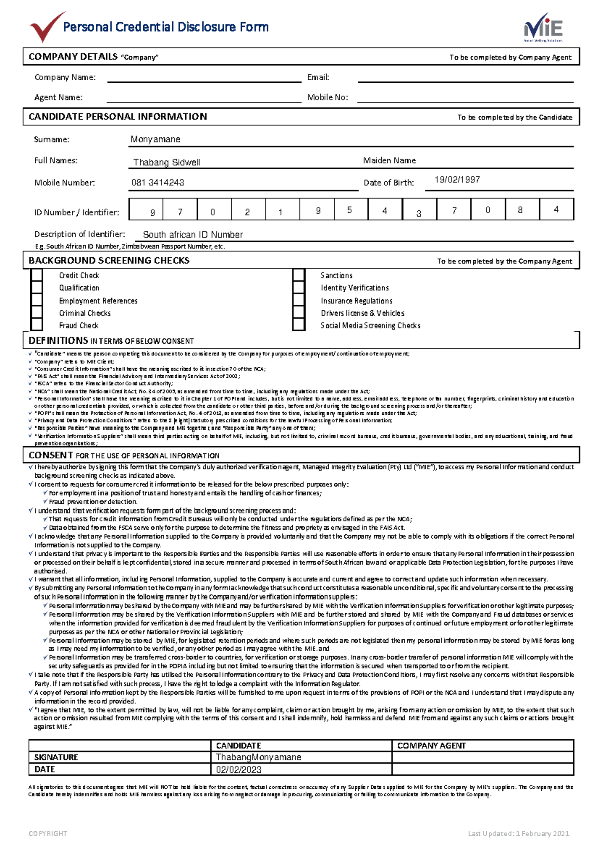MIE Consent Form for Background Screening - 2021 Version - Studocu