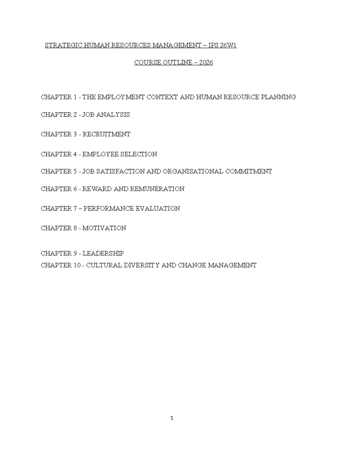 Strategic HRM IPS 26W1 Course Outline: Key Concepts & Chapters - Studocu
