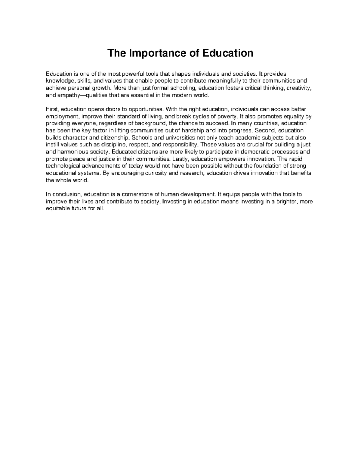 The Importance of Education: A Comprehensive Essay Analysis - Studocu