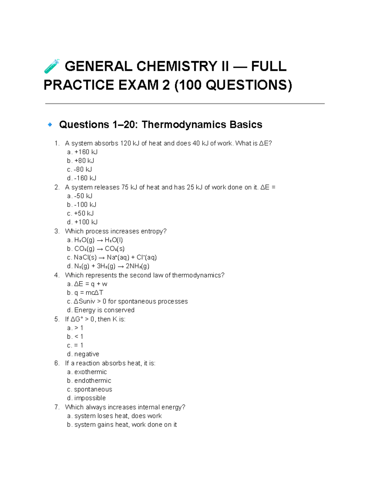 GENERAL CHEMISTRY II PRACTICE EXAM 2 (100 QUESTIONS) - Studocu