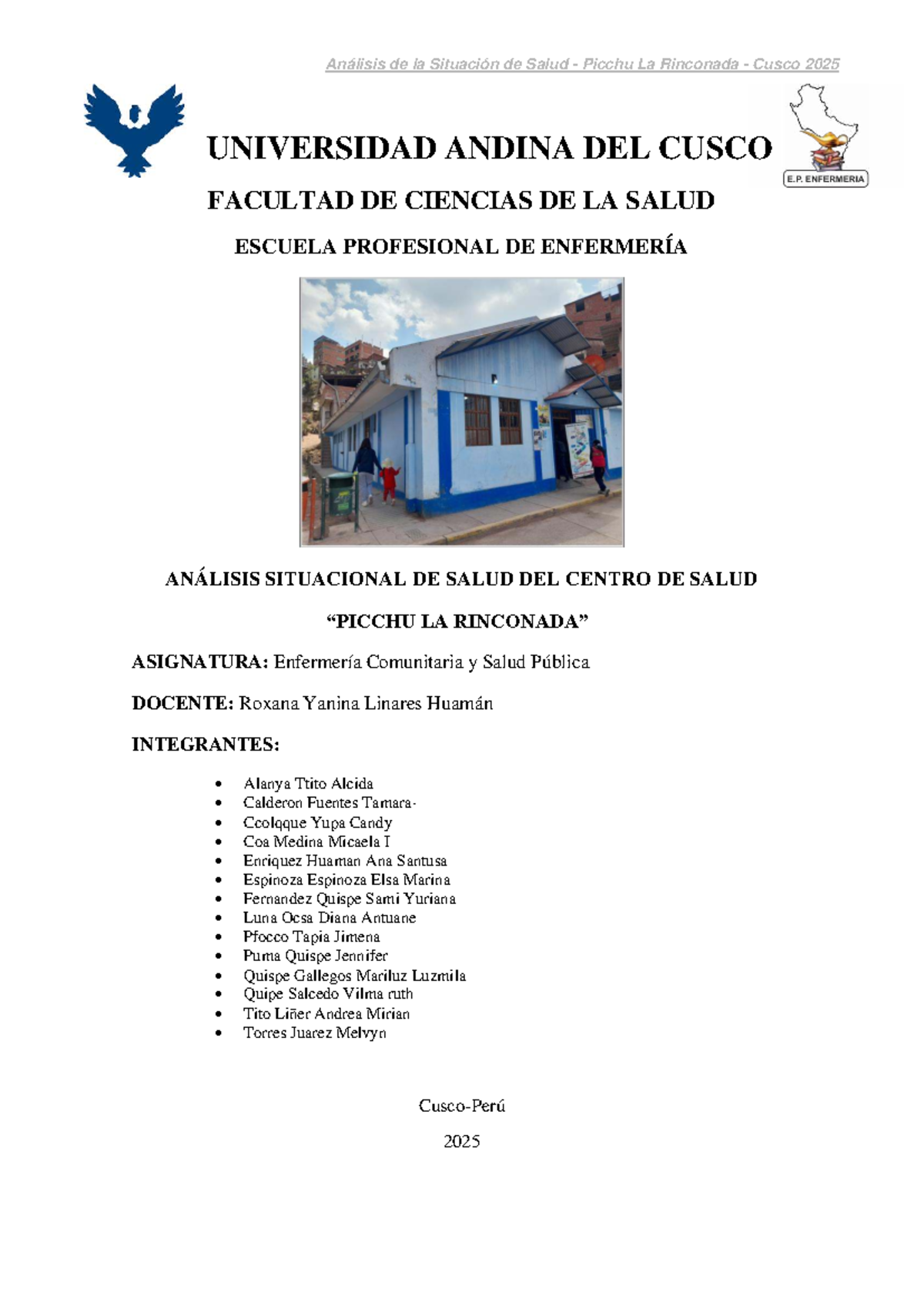 Análisis Situacional de Salud ASIS - Picchu La Rinconada 2025 - Document Preview