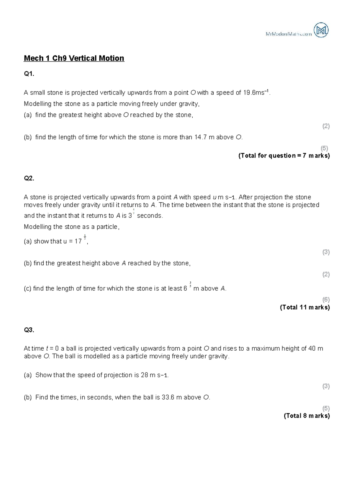 Mech 1 Ch9 - Vertical Motion Questions and Solutions - Studocu