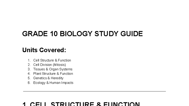 Grade 10 Biology Study Guide: Cell Structure, Genetics & Ecology - Studocu