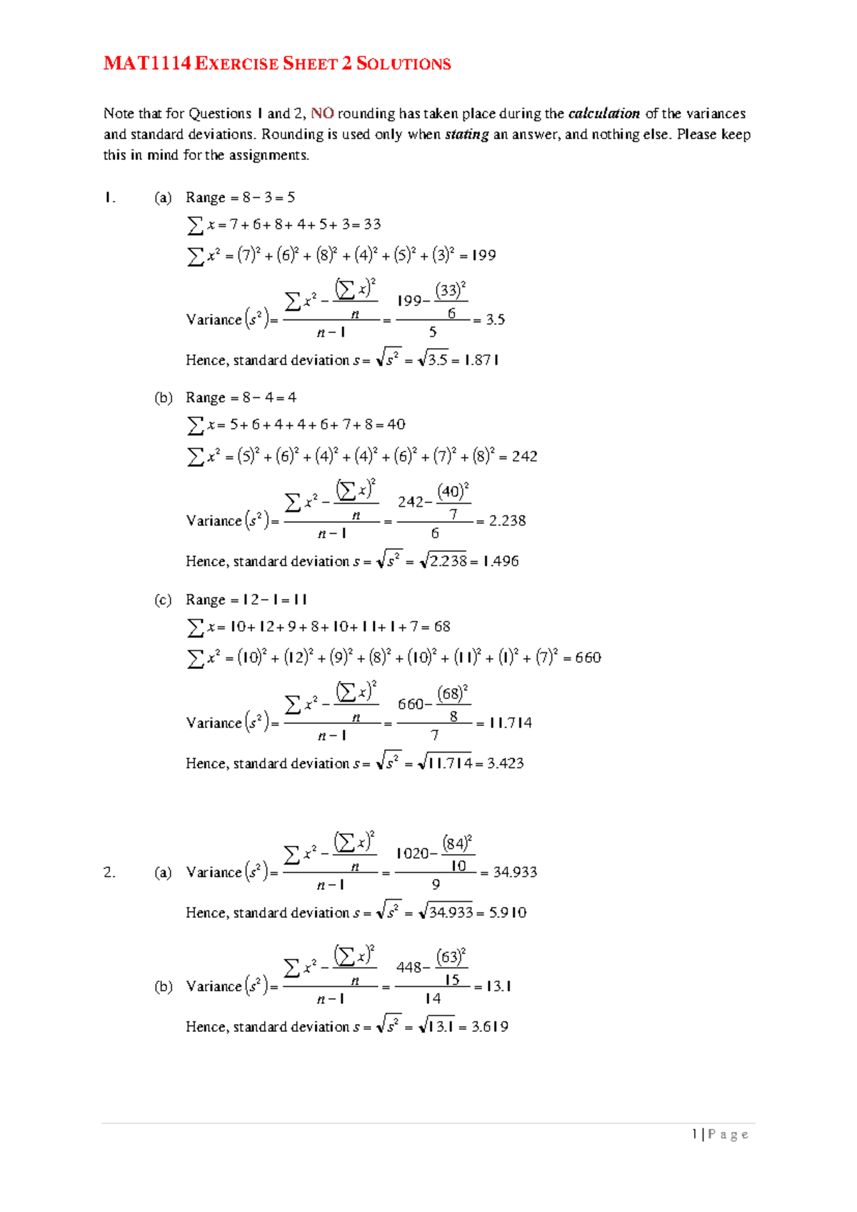 Exercise Sheet 2 Solutions: Variances & Standard Deviations - Studocu