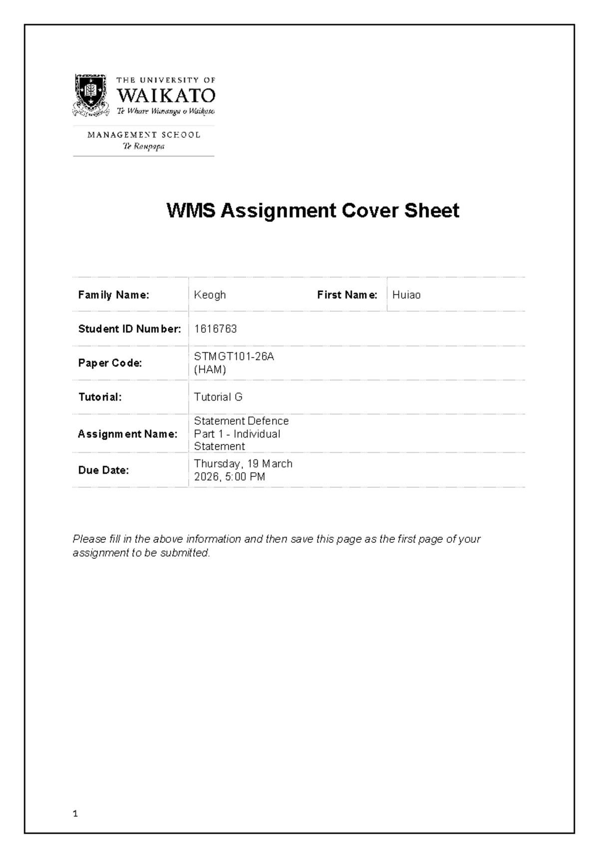 WMS Assignment: Statement Defence Part 1 by Huiao Keogh - Studocu