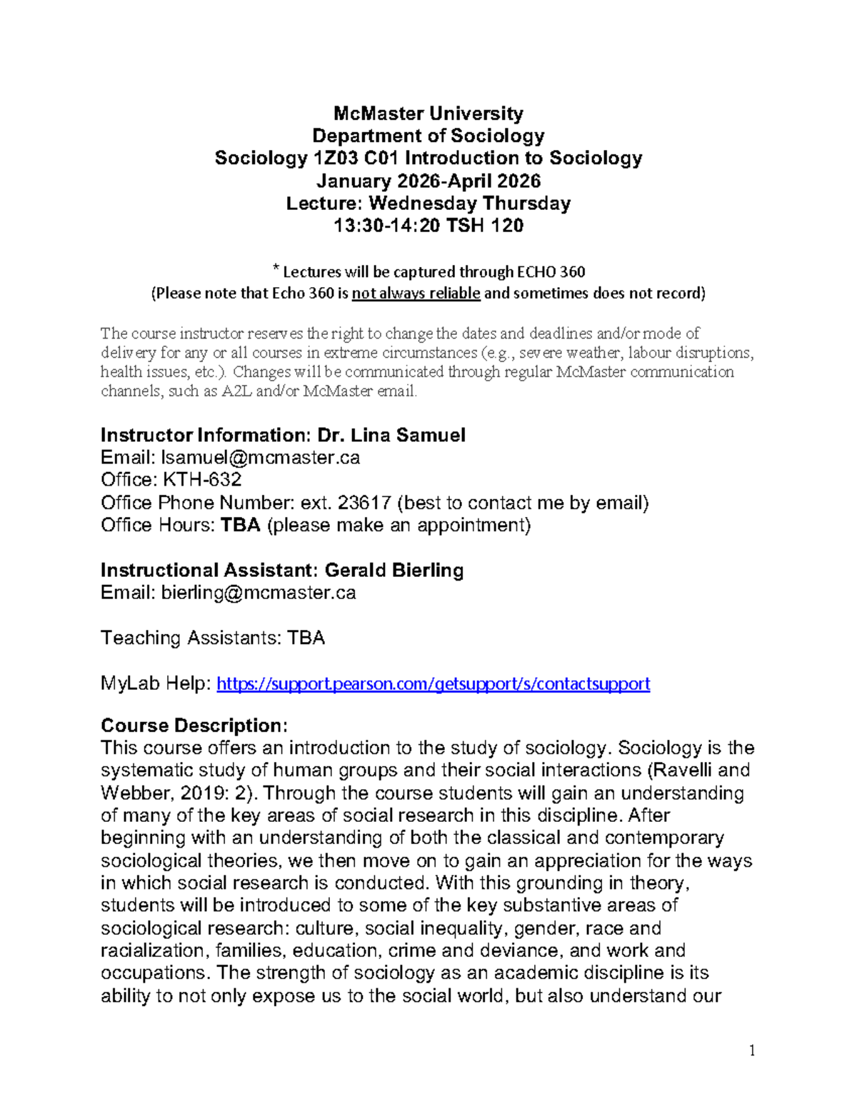 Sociology 1Z03 C01 Winter 2026 Course Outline and Lecture Schedule ...