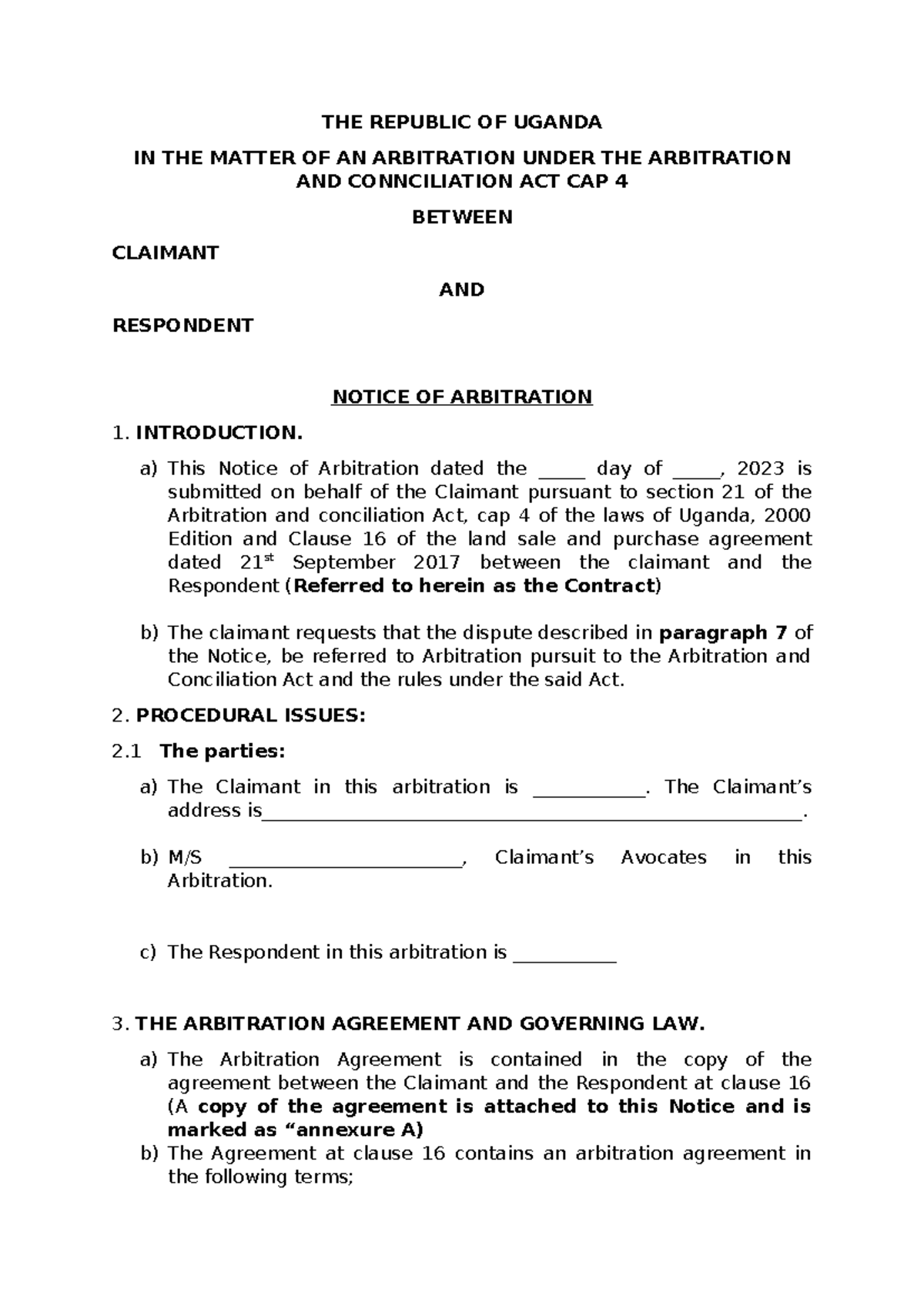 Notice of Arbitration Under Uganda's Arbitration Act - CAP 4 - Studocu