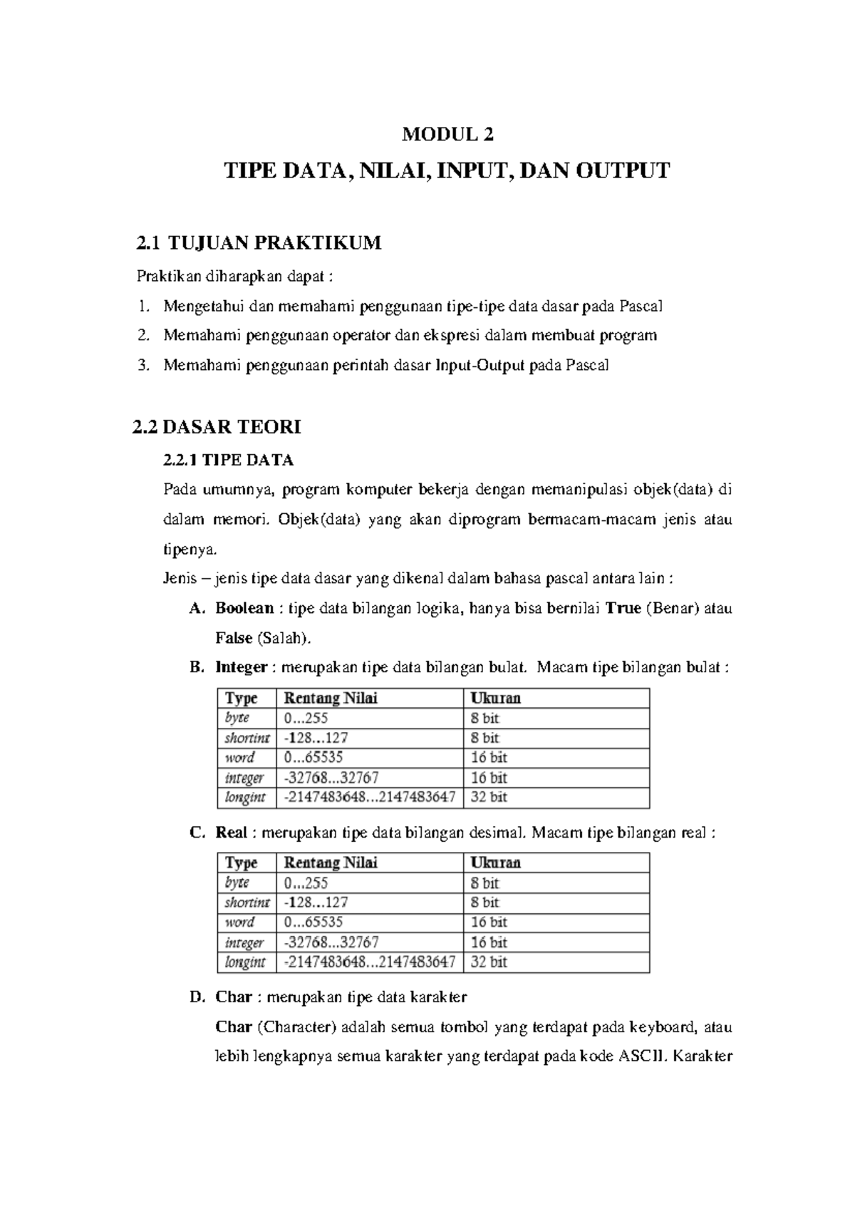 Modul 2 - Praktikum TIPE DATA: Input dan Output dalam Pascal - Studocu