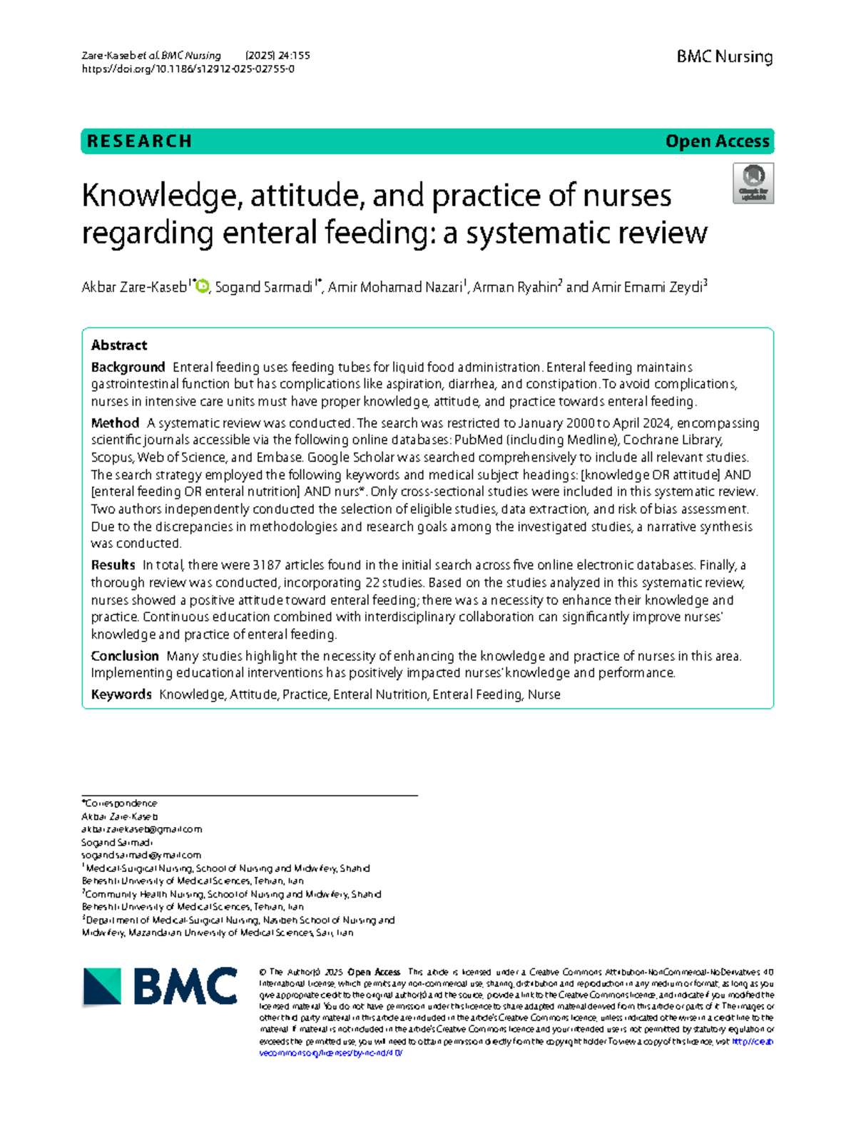 Knowledge, Attitude, and Practice of ICU Nurses on Enteral Feeding: A ...